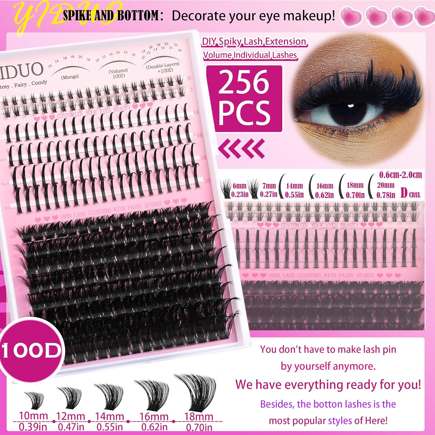 Lashes Clusters Kit Bottom Lashes with Spikes 100D Cluster Eyelash Extensions Ki