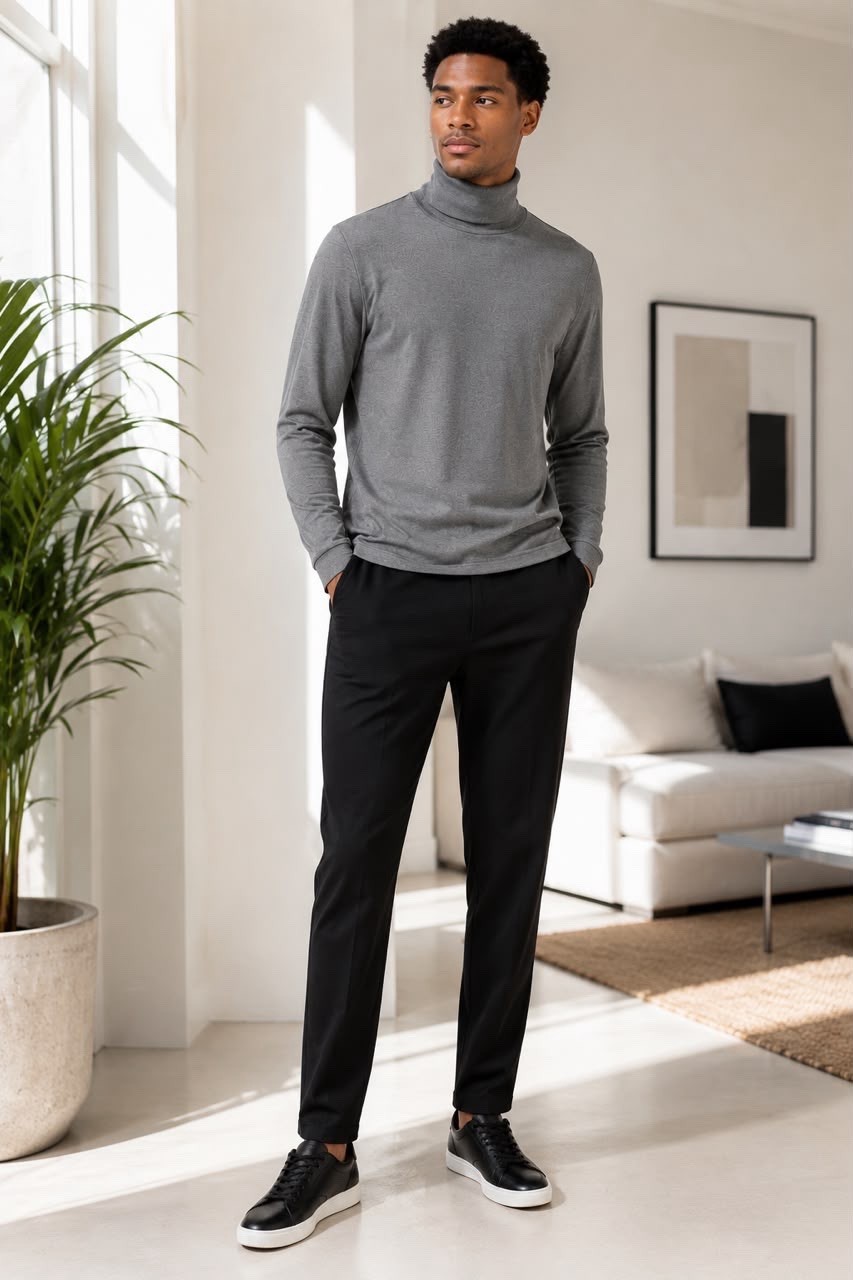 L- Zara Men’s Gray Turtleneck Shirt Long Sleeve Stretch Lightweight Top