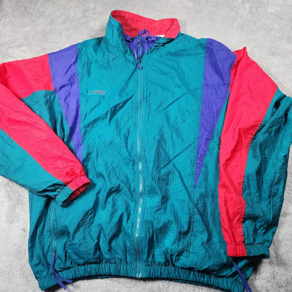 Vintage Columbia Windbreaker Jacket Mens Large Teal Purple Colorblock Nylon 90s - Image 2 of 4