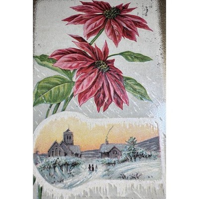 Antique Litho Postcard Edwardian 1911 Ephemera New Years Poinsettia Winter Scene