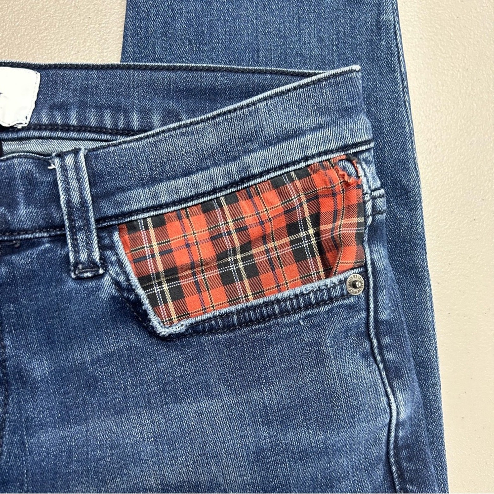 Current Elliott Denim Blue Jeans Red Plaid Patch Pockets Skinny Womens Size 27