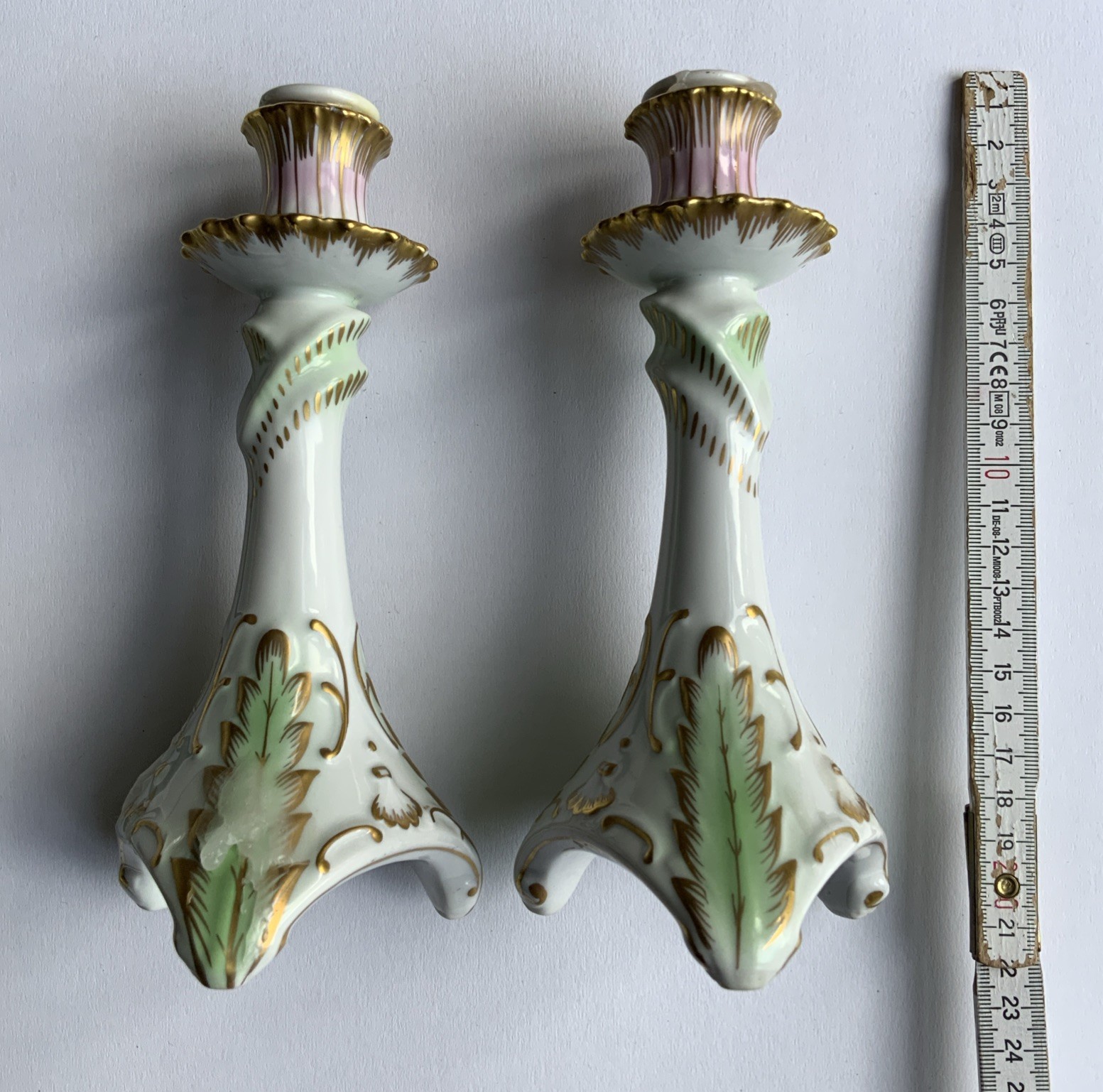 Porzellan Kerzenständer handbemahlt Gold Antik Grün Rosa 2er Set Barock