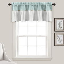 Linen Button Farmhouse Valance, 52" W x 18" L, Blue White - Kitchen Curtains V