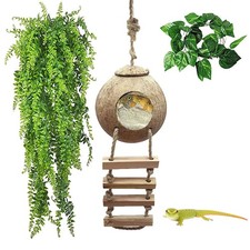 Leopard Gecko Coconut Husk Hut Reptile Hideout Climbing Ladder Hanging Plant
