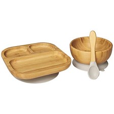 Baby Stay Put Dish, Suction Plate  Bowl  Spoon, Cute Dinnerware Grey Set 