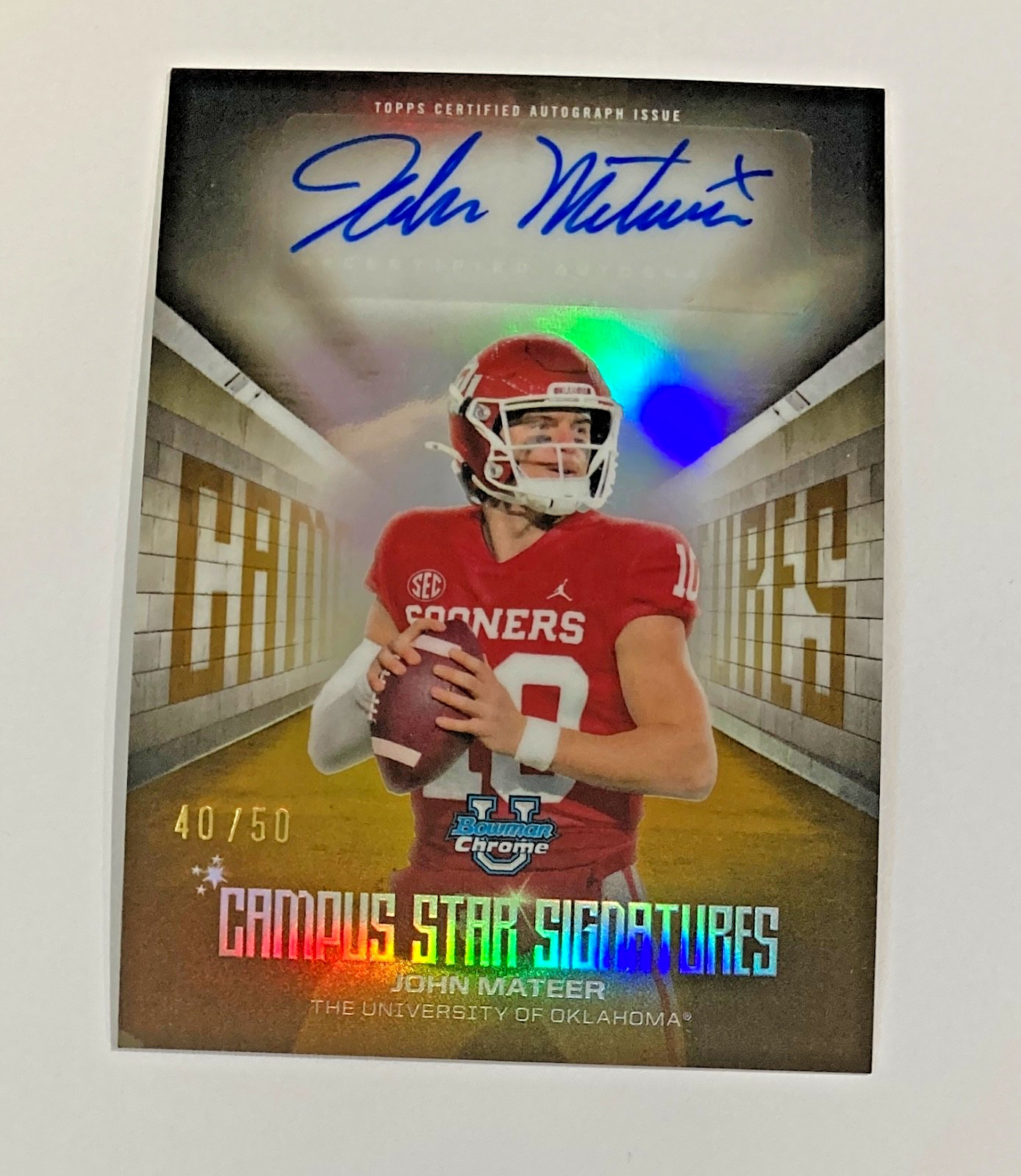 2025 BOWMAN CHROME U JOHN MATEER AUTO GOLD REFRACTOR #/50 CAMPUS STAR OKLAHOMA