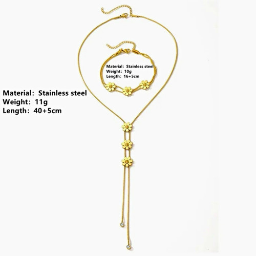 Gold Tone Stainless Steel Flower Necklace & Bracelet Jewelry Set