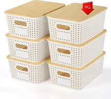 Storage Baskets with Bamboo Lids - Stackable Plastic Storage Boxes. 6-Piece Set