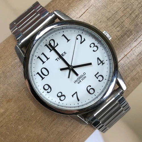 Vtg Timex Easy Reader Men Dress Indiglo Silver Expansion Quartz Watch 7 3/4"
