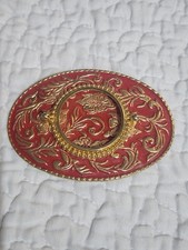 Red Gold Tone Oval Floral Scroll Metal Belt Buckle Centerpiece Vintage