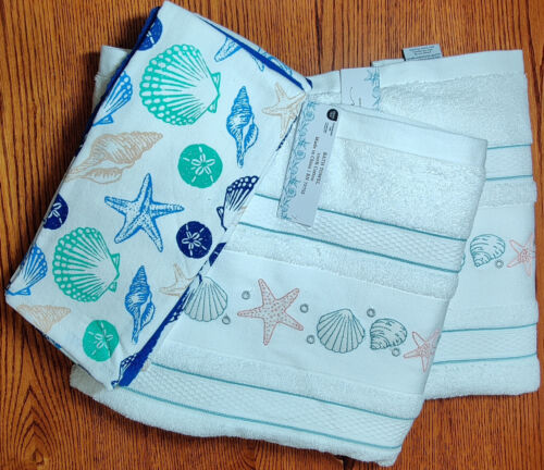 2 Bathroom Towels 52x27”+3 Kitchen 16x26" White w/Seashells & Starfish Print New