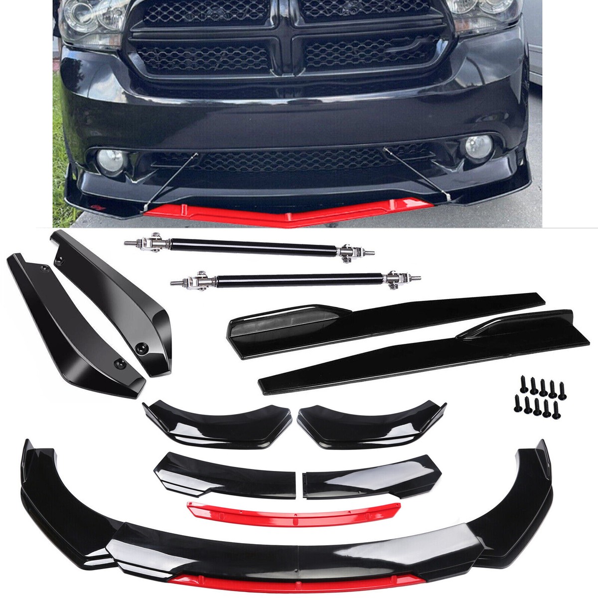 BOROCO Zijskirt Set – 8 Delig, Helder Zwart Met Rode Accenten – Universele Zijschorten, Splitters En Diffuser Winglets – Sportieve Look Voor De Auto