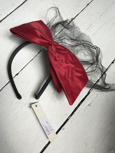 RED SILK OVERSIZED BOW HEADBAND FASCINATOR with Black Net - Ophelie Hats Canada - Picture 10 of 10