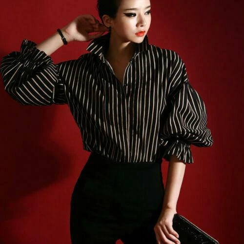 Womens Inspired Striped Blouses Stand Collar OL Tops Puff Sleeves Designer Shirt - Picture 2 of 17