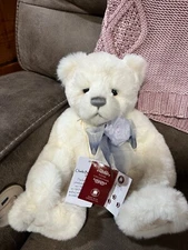 Charlie Bears 2019 Birthday Bear 15" Polar Bear White Plush Blue Bow, Tag Signed