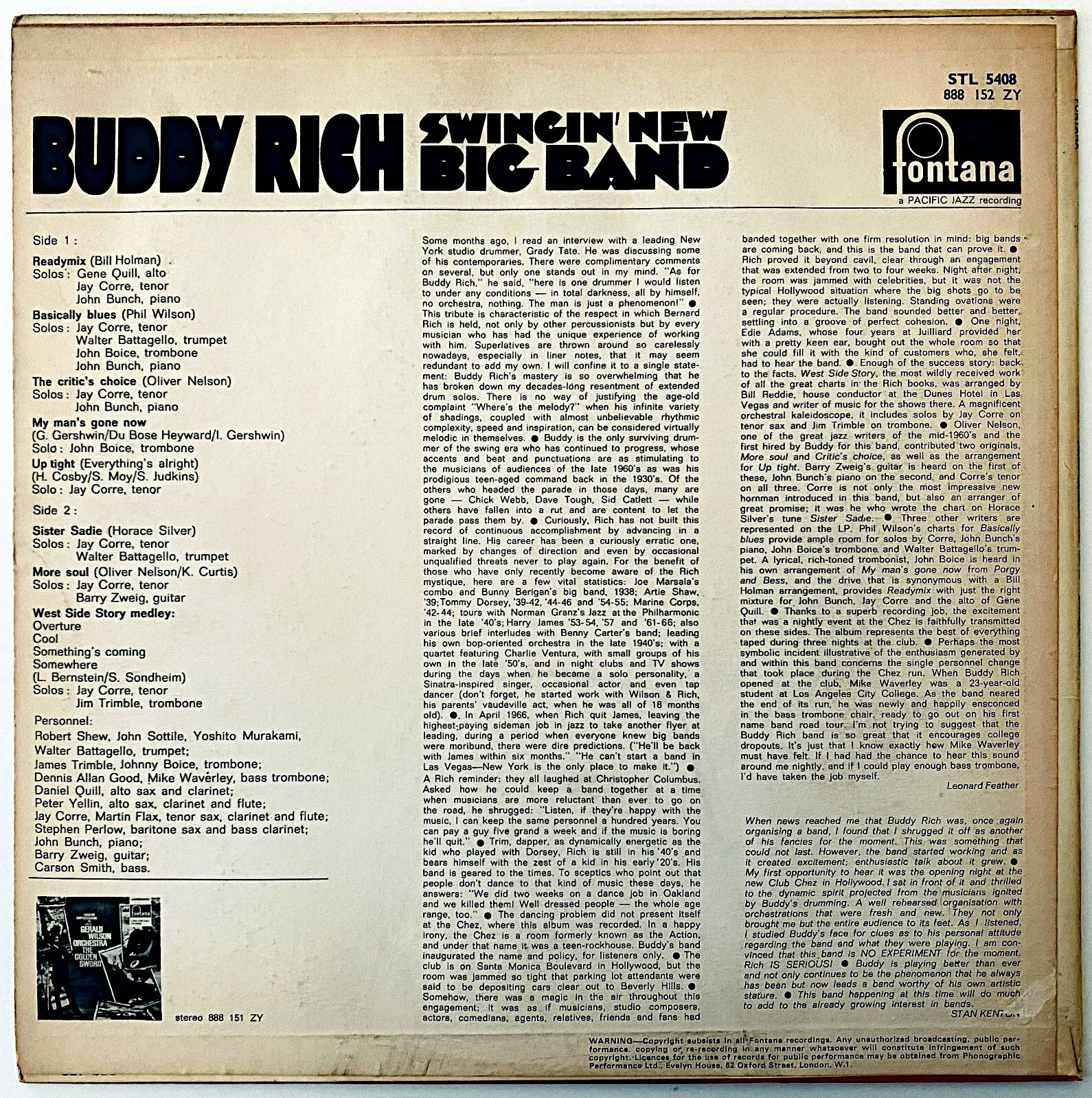 BUDDY RICH ‎ SWINGIN' NEW BIG BAND 1966 UK RELEASE VINYL, LP