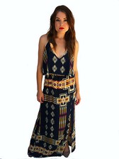 Eight Sixty Blue Aztec Ruffle Maxi Dress - Full Length - Spaghetti Strap
