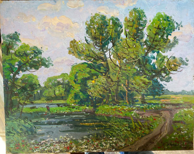 :: OIL PAINTING INDISTINCT. SIGN. BEZ.CYRILLIC LAKE AT THE EDGE OF THE FOREST WITH FISHING FIELDS