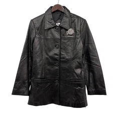 Planet Hollywood Orlando Womens Leather Jacket Button Front Embroidered Sz L guc