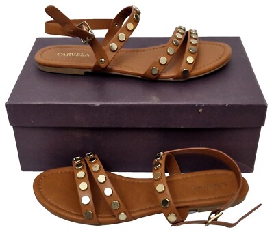 Carvela Broker Damen hellbraune flache Sandalen mit Schnallen und Nieten EU 37 UK 4 UVP 89 £