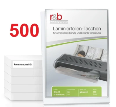 R&B 500 Laminierfolien Laminiertaschen DIN A4, 2 x 80 mic, glänzend, Sparpack!