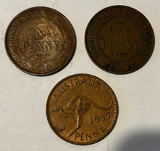 1917, 1920, & 1957 Australia Penny Coin Collection 3 coins Lot 202
