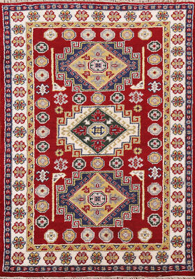 Geometric Kazak Rug Traditional Wool Art Rich Colors, Cultural Heritage 4x6 ft