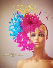 Hot Pink Fuchsia Yellow Turquoise Blue Kentucky Derby Fascinator Hat Breeder Cup