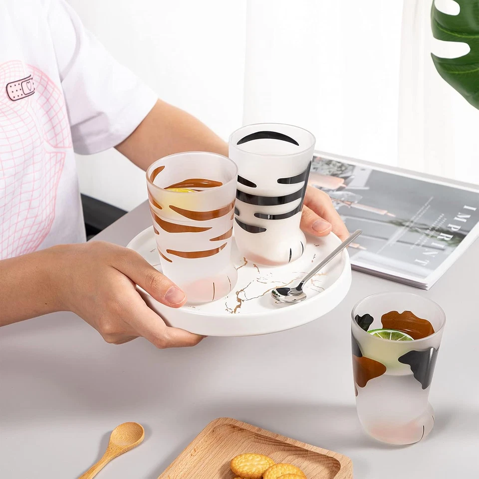 Tazas de pata de gato 6 piezas, taza de vidrio con garra de gato Kawaii, taza de café con estampado esmerilado, pie Foto 4 de 4