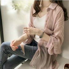 Women Lady Chiffon Blouse Shirt Stripe Tops Loose Casual Button Down Long Sleeve