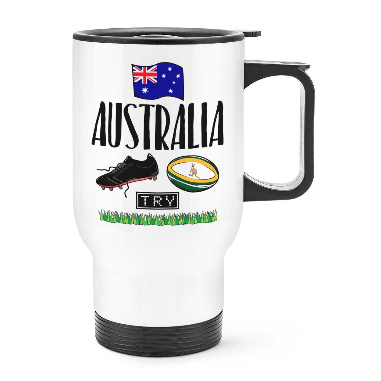 Rugby Australia Travel Mug Cup With Handle - Funny League Union Flag Thermal