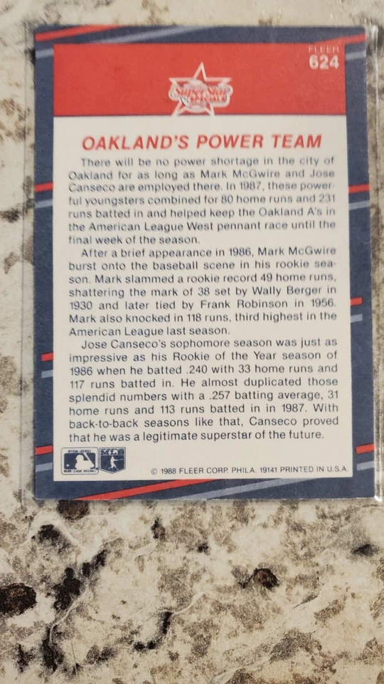 1988 Fleer - Mark McGwire Jose Canseco A'S BASH BROTHERS #624 MINT - Image 2 of 2