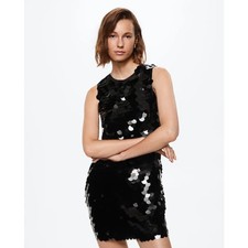 MANGO Sequin Mini Dress Paillete Sleeveless Shift Dress, Size 6, Black
