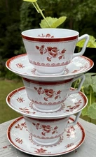 Spode London Shape 6 Pc Set Footed Cups & Saucers In The Gloucester Red Pattern