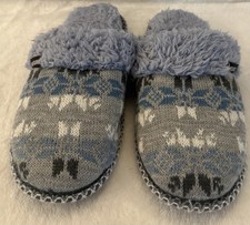 Muk Luks Womens Blue/Gray Geometric Print Slippers Sherpa Scuffs Women  s Lg 9-10