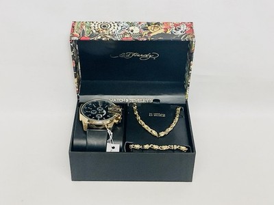 NWT MEN'S ED HARDY GOLD-TONE WATCH  CHRONOGRAPH  & Jewelry Necklace & Bracelet