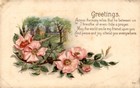Vintage postcard with pink roses, green leaves, and two people walking by a fence on a sunny day.