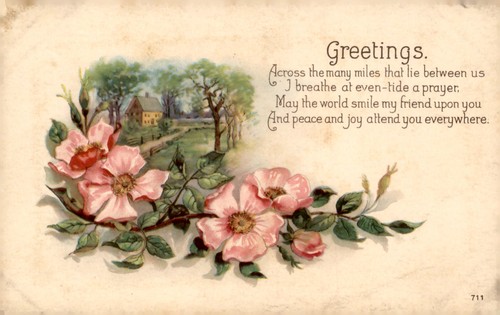 Vintage postcard with pink roses, green leaves, and two people walking by a fence on a sunny day.