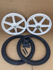 20" Bicycle Plastic WHITE Mag Wheels and Black Moto Tires Set GT Dyno Rims BMX