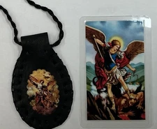 St Michale Black Leather Scapular/Escapulario Negro Cuero Collar St Miguel