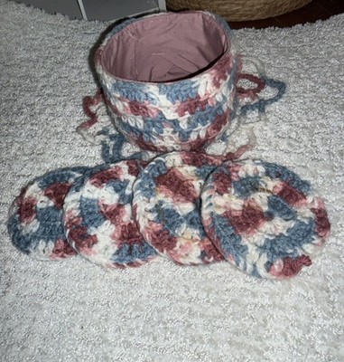 Vintage Mid Century Crochet 4 coaster set/ w holder.