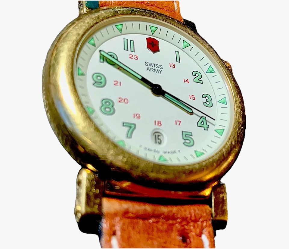 Vintage Swiss Army Golden Delta Men’s Date Quartz New Battery Leather Band - Image 2 of 4