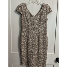 ALEX EVENINGS Sz 4P Cap Sleeve V Neck Sequined Dress Champagne Ivory Wedding