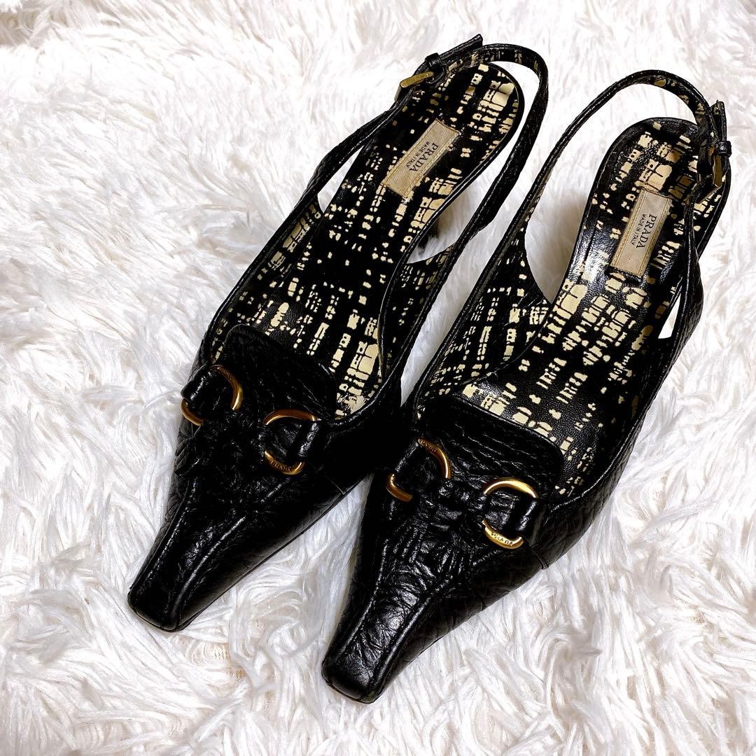 Rare PRADA Women's Black Logo Heel Pumps Sandals Size EU35/US5 Auth