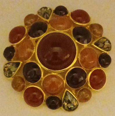 Vintage Gold Tone Joan Rivers Gold Tone Gripoix Cabochon Rhinestone Brooch 