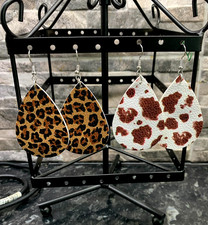 2 pairs of large soft leather browns / white tear drop 34 x 55 mm earrings