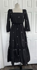 NWOT Shein sz Lrg Black Peasant Midi Dress 3/4 Sleeve Floral Embroidery Back Zip