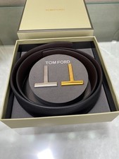 TOM FORD Reversible Black/Brown Leather T Logo Belt Men  s S.S. Buckle