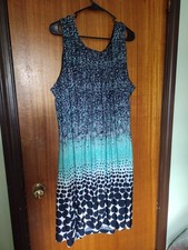 3x plus-size midi swing dress, navy and teal with geometric dots