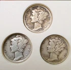 Mercury Dimes 1935 P, S, & D Lot of 3 Circulated Silver 0.9 Fineness
